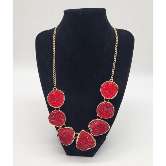 Jane Stone Jewelry - Jane Stone Fashion Faux Drusy Statement Chunky Bib Necklace Red Gold Tone